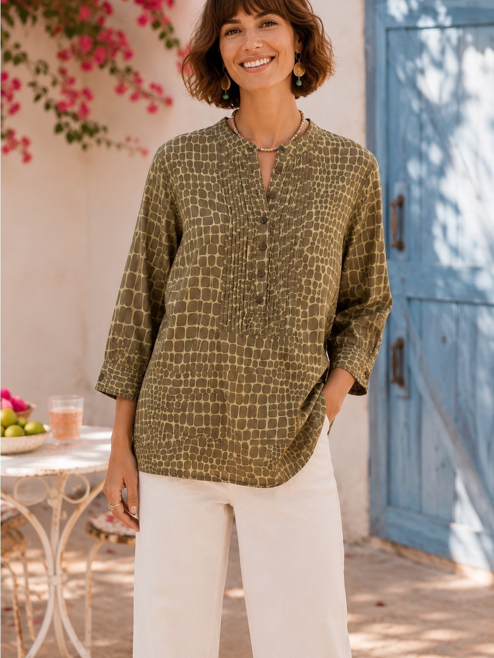 Animal Print Olive Cotton Pintuck Tunic 1X - Picture 3 of 9